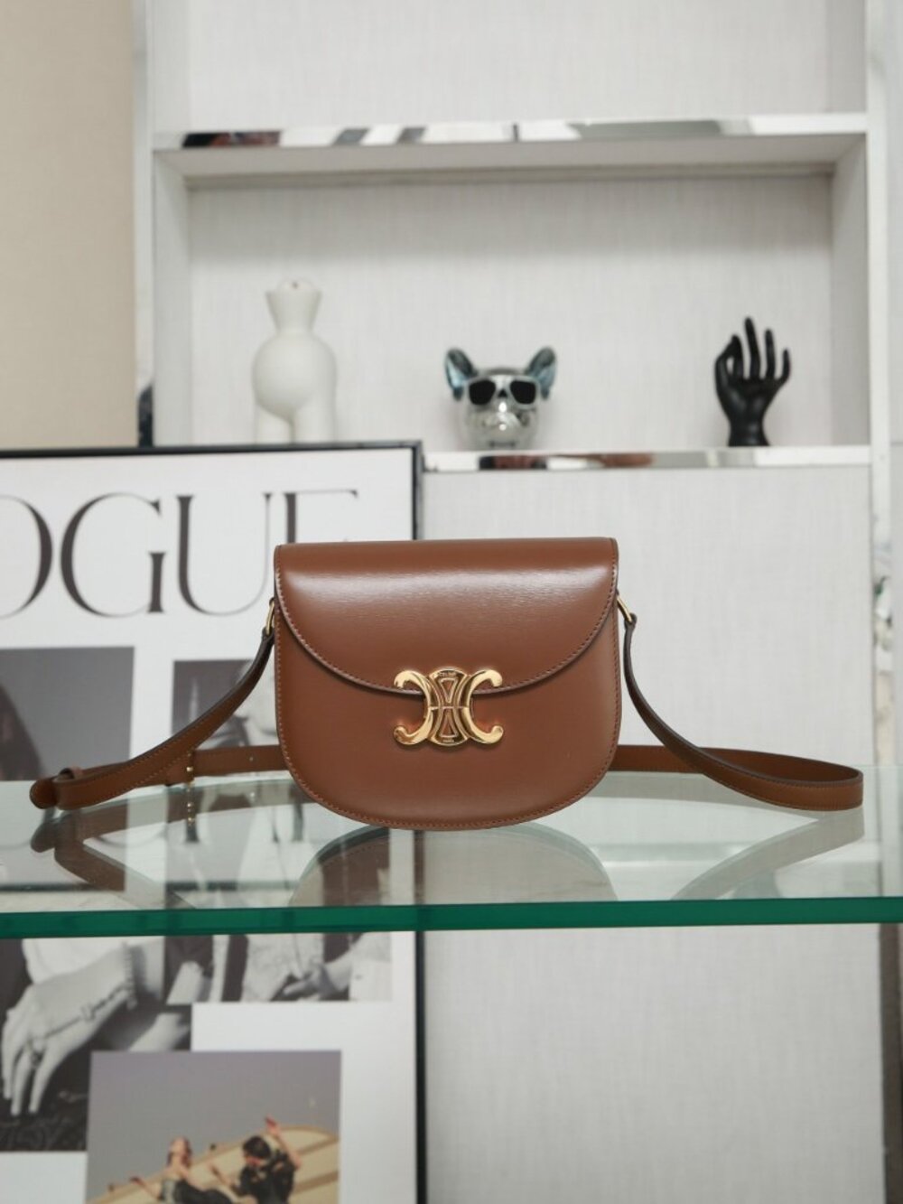 Celine Triomphe Brown Leather Saddle Crossbody Bag